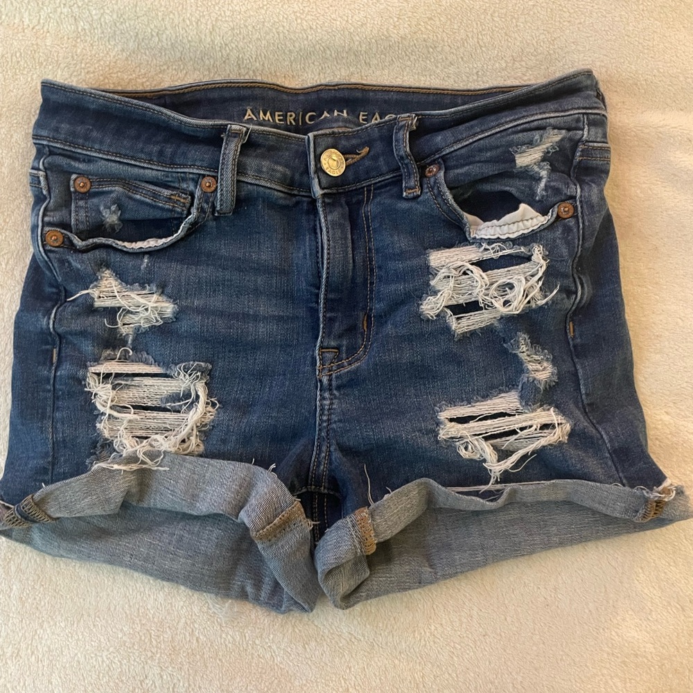 American Eagle Outfitters Women's Ripped Jean Shorts - Dark Blue